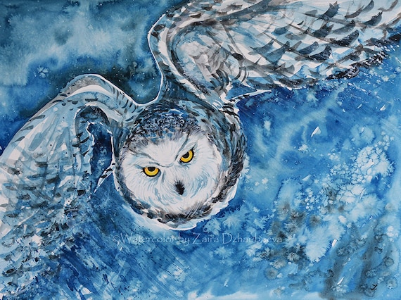 空飛ぶシロフクロウ オリジナル水彩画 猛禽類 シロフクロウ 壁アート