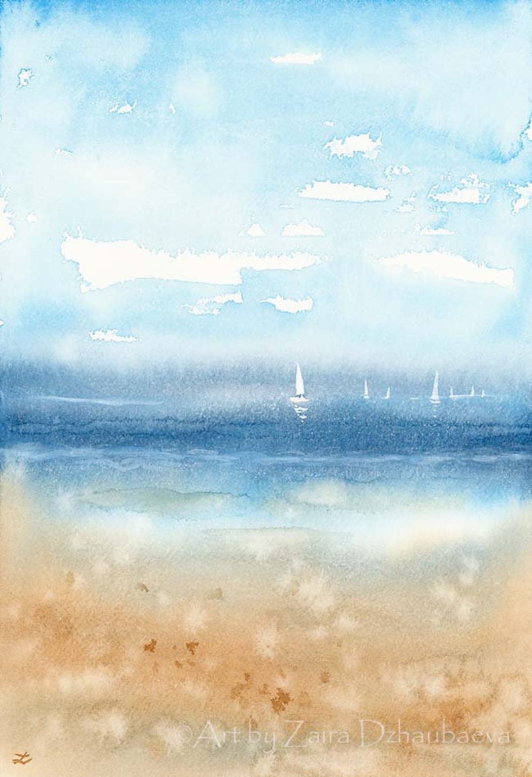 Seascape Art Print Watercolor Painting Blue Sails Sailboats Marine ...