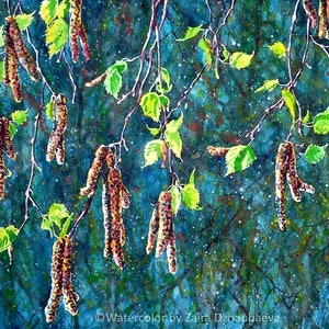 Birch Catkins Original Watercolor Painting Spring Birch Tree Wall Art Trees Seasonal Watercolor Painting Green Nature Woods Forest Leaves
