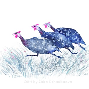 Running Guinea Fowls Wall Art Print Guineas Hens Chickens Guineafowl Pintade Pearl Hen Gleany Poultry Rustic Farmhouse Art Decor Funny Birds