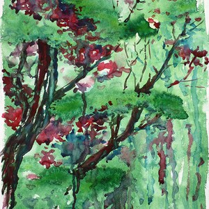 Abstract Trees Original Watercolor Painting Green and Red Wall Art Garden Nature Botanical Plants Woods Forest Branches Leaves Foliage