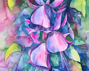 Fuchsia Flowers 13 x 19" Wall Art Print - Watercolor Floral Purple Green Garden Botanical Summer Blossom
