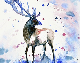 Winter Stag Original Watercolor Painting Deer Snow Wildlife Antlers Buck Wild Animals Woods Nature Splatter Christmas Forest Nursery Decor