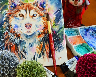 カラフルなハスキー犬の肖像画アートプリント シベリアンハスキー
