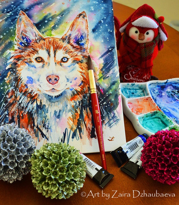 【原画】Animal-eyes『犬』（パステル画） シベリアン・ハスキー。青い目の犬。かわいい子犬。水彩画