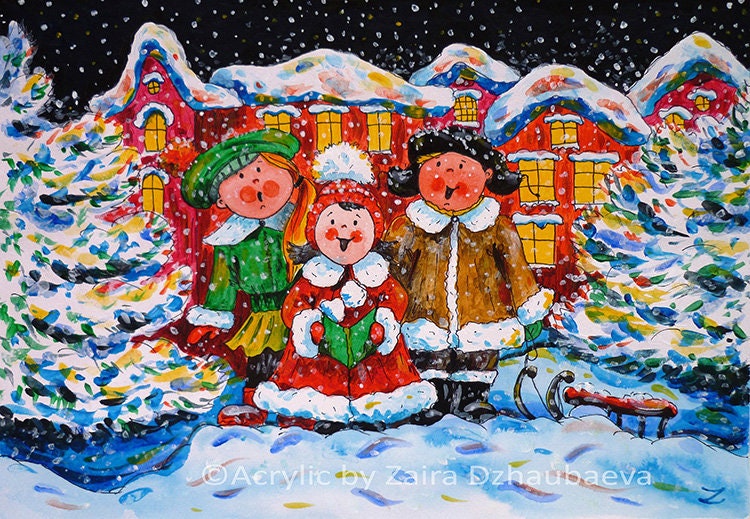 Kids Singing Christmas Carol Art Print Winter Town Children
