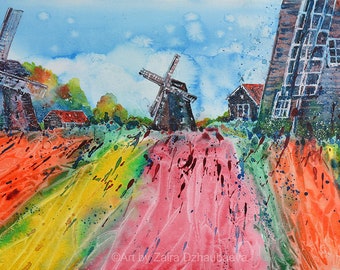 May include: Watercolor painting of a Dutch landscape with three windmills, a red-roofed house, and a field of colorful flowers. The sky is blue with white clouds. The painting is signed "Art by Zaira Dzhaubaeva".