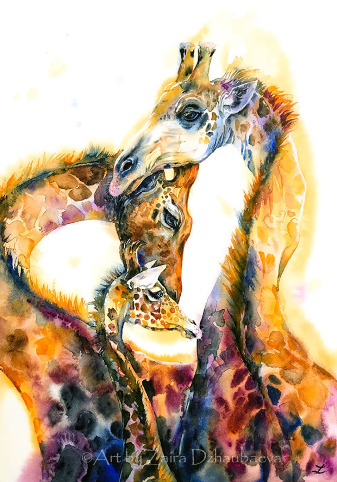 Colorful Giraffes Wall Art Print Watercolor Giraffe Wildlife Etsy