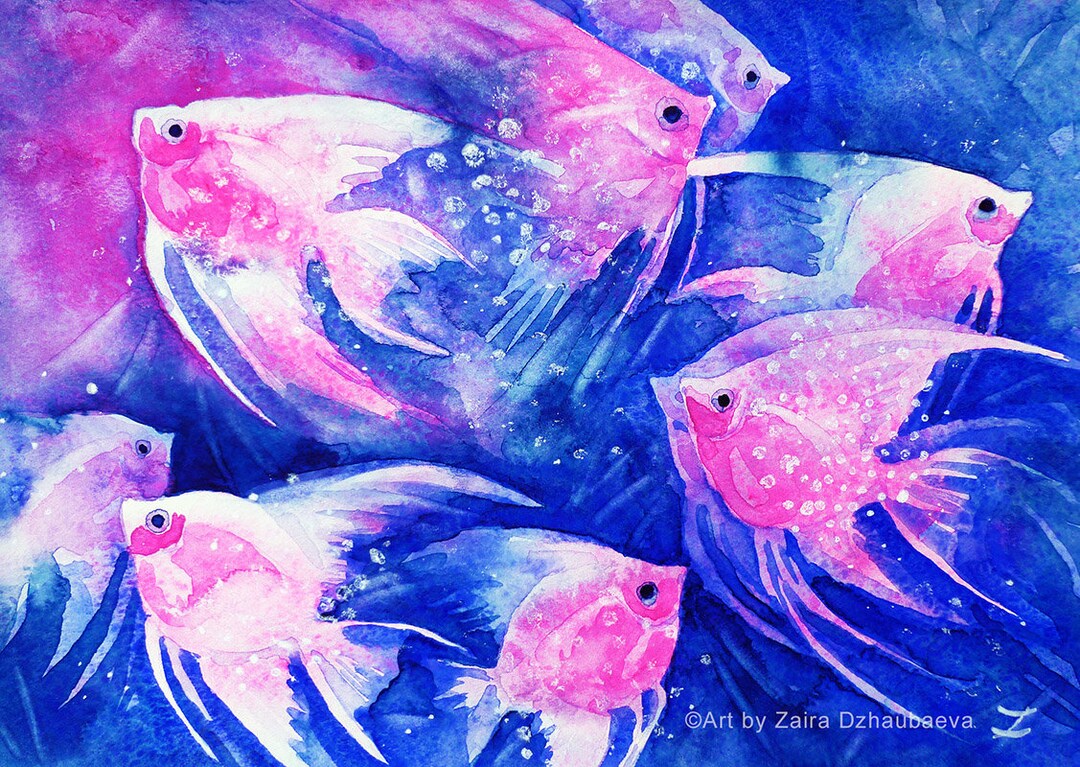 ピンク蛍光エンゼルフィッシュ 7 x 5インチ アートプリント 光るプテロ