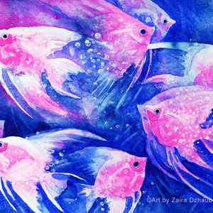 Pink Fluorescent Angelfish 7 x 5&quot; Art Print Glowing Pterophyllum Scalare Fish Exotic Aquarium Neon Fish Bright Pink and Blue Fish Art Decor