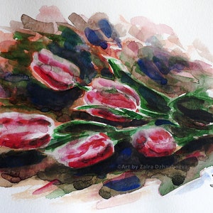 Pink Tulips Original Watercolor Painting Tulip Wall Art Spring Flowers Tulip Bouquets Floral Still Life Botanical Plants Christmas Art Gifts