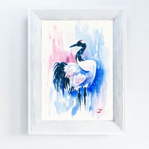 Japanese Crane Art Print Japan Crane Watercolor Painting Snow Christmas Snowy Winter Bird Wildlife Birds Nature Ornithology Snowy Pink Blue