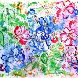 Colorful Floral Original Watercolor Paining Summer Flowers Wall Art Wildflowers Flower Mix Floral Decor Garden Botanical Pink Blue Green Art