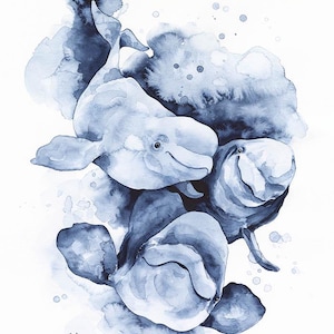 Beluga Whale Art Print Watercolor Painting Kids Room Nursery Wall Decor Cute Arctic Animals Wildlife Soft Blue Grey Colors Monochromatic