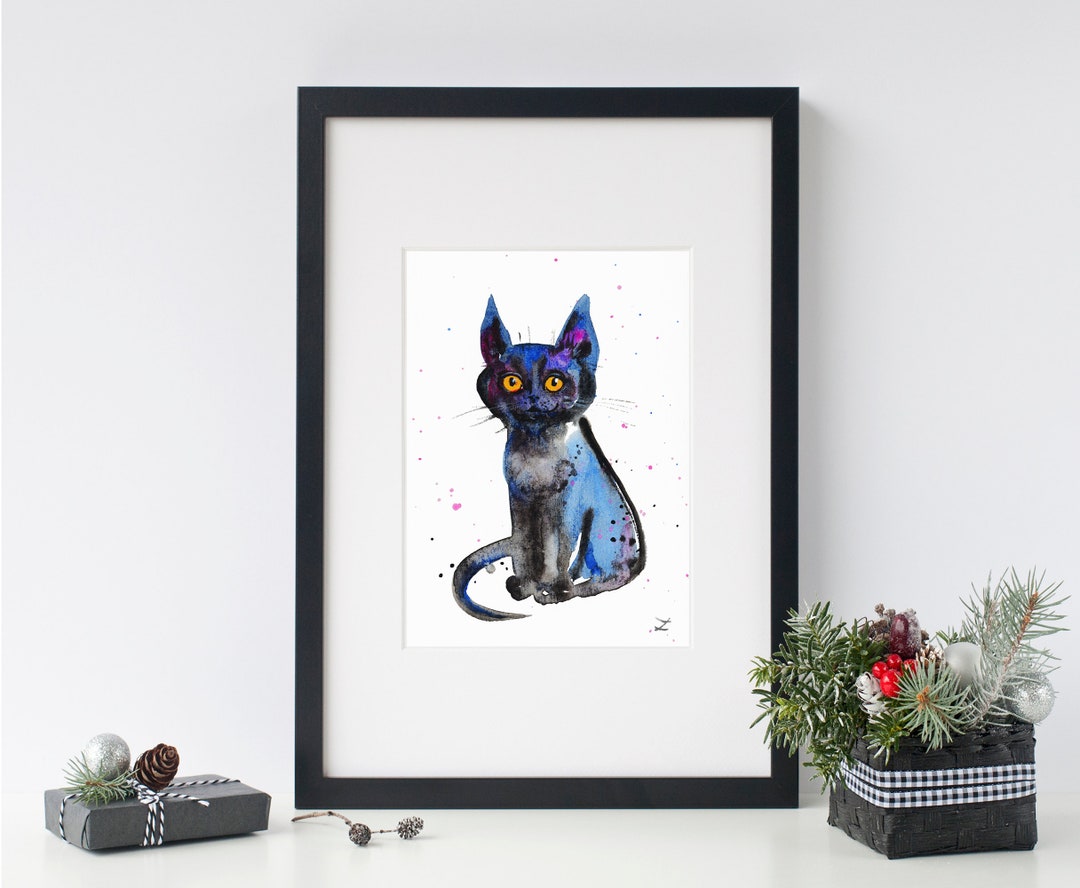Meowler Black Kitten Art Print Meow Cats Feline Portrait Watercolor Black Cat ...