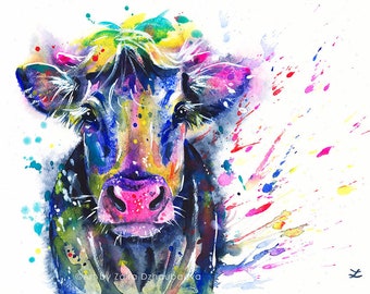 Fancy Cow Colorful Splatter Cow Wall Art Print Cows Watercolor Cow Portrait Cow Painting Cattle Farm Animals Happy Bold Colors Splash Art