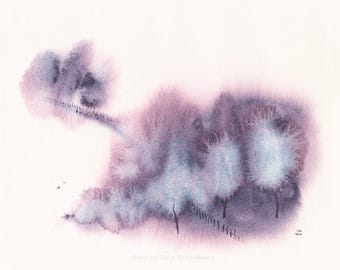 Abstract Country Landscape Wall Art Print Soft Purple Blue Colors Abstract Trees Birds Watercolor Landscape Relaxing Nature Fence Hills