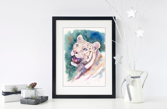 ホワイトタイガー オリジナル水彩画 大型ネコ科動物 漂白されたトラ