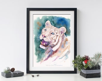 ホワイトタイガー オリジナル水彩画 大型ネコ科動物 漂白されたトラ