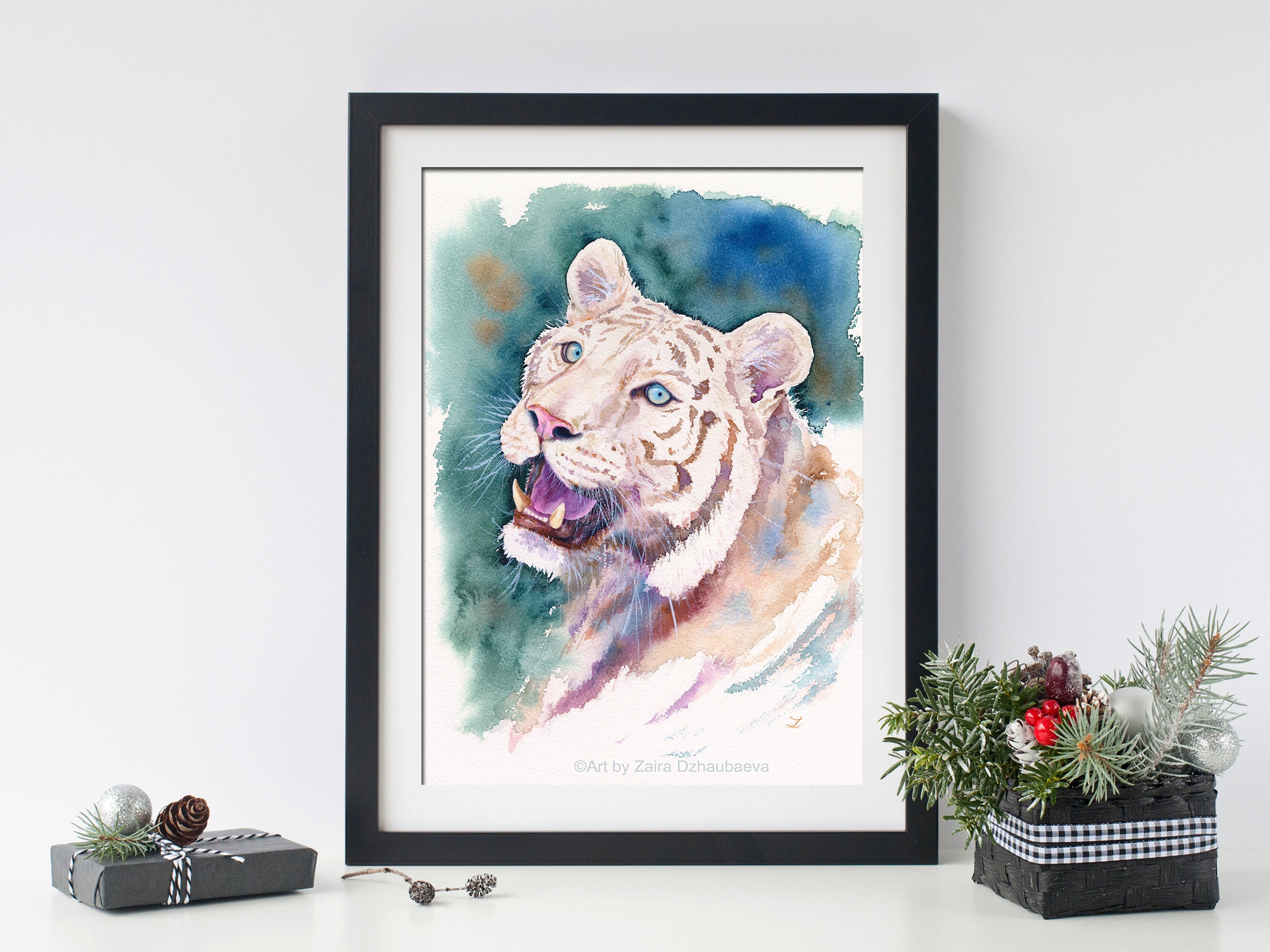 ホワイトタイガー オリジナル水彩画 大型ネコ科動物 漂白されたトラ