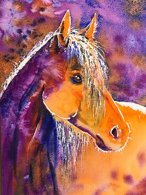 カラフルなオレンジパープルの馬の壁アートプリント サニーメア 水彩画