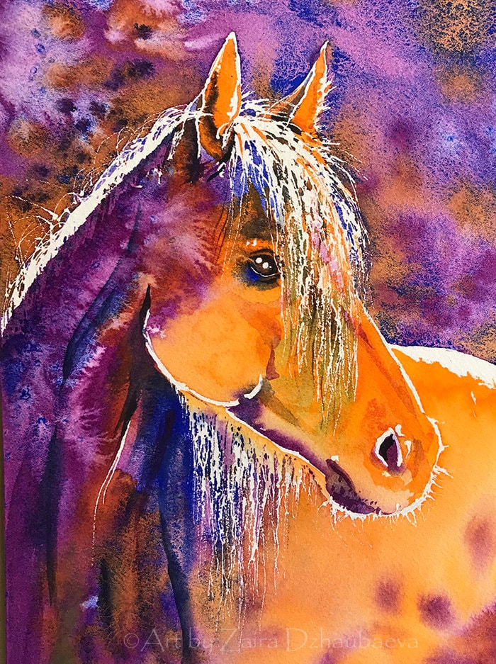 カラフルなオレンジパープルの馬の壁アートプリント サニーメア 水彩画