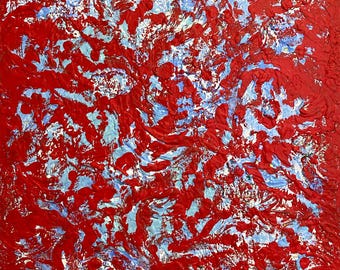 Modern Red Blue Colorful Abstract Acrylic Painting on Canvas Trending Wall Art Bold Decor Textured Loft Festive Bright Colorful Abstract Art