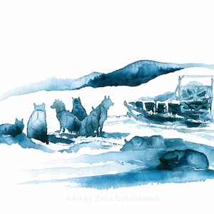 Sled Dogs Resting Print Siberian Husky Dog Samoyed Alaskan Malamute Chinook Watercolor Art Arctic Nunavut Winter Dog Racing Monochromatic