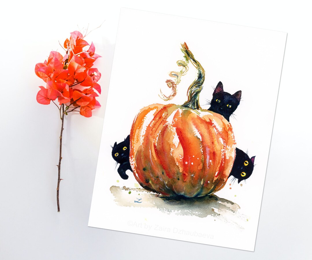 Three Cute Spooky Black Kittens and Pumpkin Wall Art Print Halloween ...