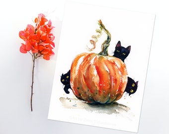 Three Cute Spooky Black Kittens and Pumpkin Wall Art Print Halloween Cat Black Cats Hide-and-seek Playing Kitten Whimsical Watercolor Cats