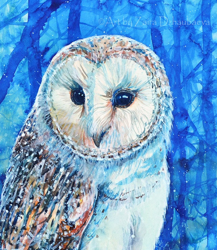 Barn Owl Wall Art Print Birds of Prey Owls Blue Woods Trees Watercolor ...