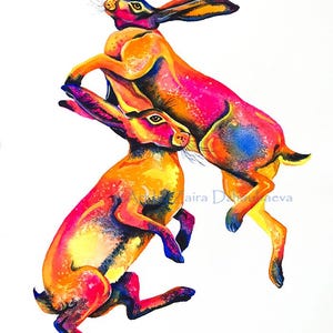 May include: Vibrant watercolor painting of two hares in dynamic poses. The hares are depicted with a spectrum of colors, including orange, yellow, pink, and blue, against a white background. The artwork captures the energy and movement of the animals.