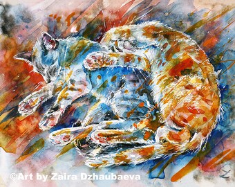 Colorato addormentato gatti Wall Art Stampa Tabby gattini rosso e grigio acquerello pittura simpatici gattini cuccioli animali domestici bambini asilo nido camera decor