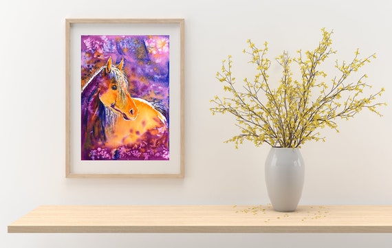 Colorful Orange Purple Horse Wall Art Print Sunny Mare Watercolor