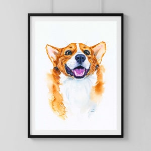Puede incluir: Pintura acuarela de un perro corgi con pelaje marrón y blanco. El perro está sonriendo con la lengua afuera y tiene una expresión feliz.