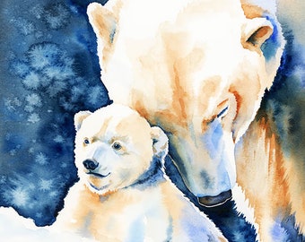 Polar Bears Mother and Cub Wall Art Print Arctic Ice White Bear Sea Happy Mother and Child Baby Shower Kids Room Nursery Decor Watercolor