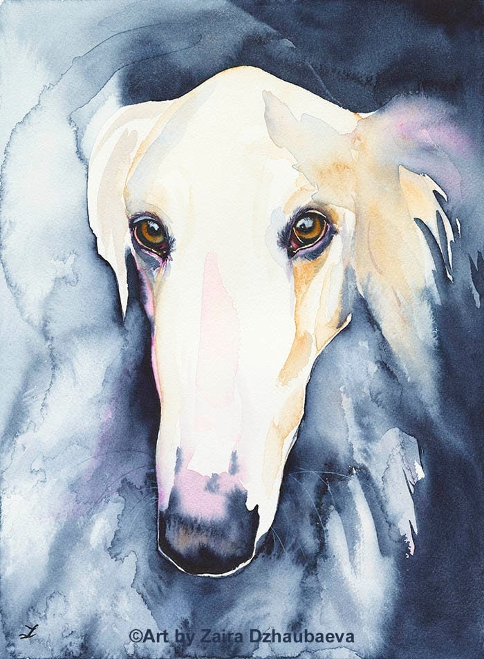 ボルゾイ サイトハウンド犬 オリジナル水彩画 ボルゾイ動物 かわいい犬