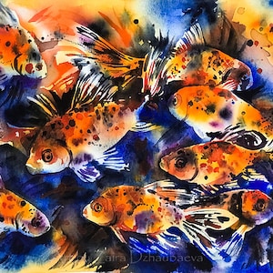 Shubunkin Goldfish - fine art print -  calico goldfish, fish art, aquarium, orange fish, feng shui art, watercolor fish, harmony, relaxing