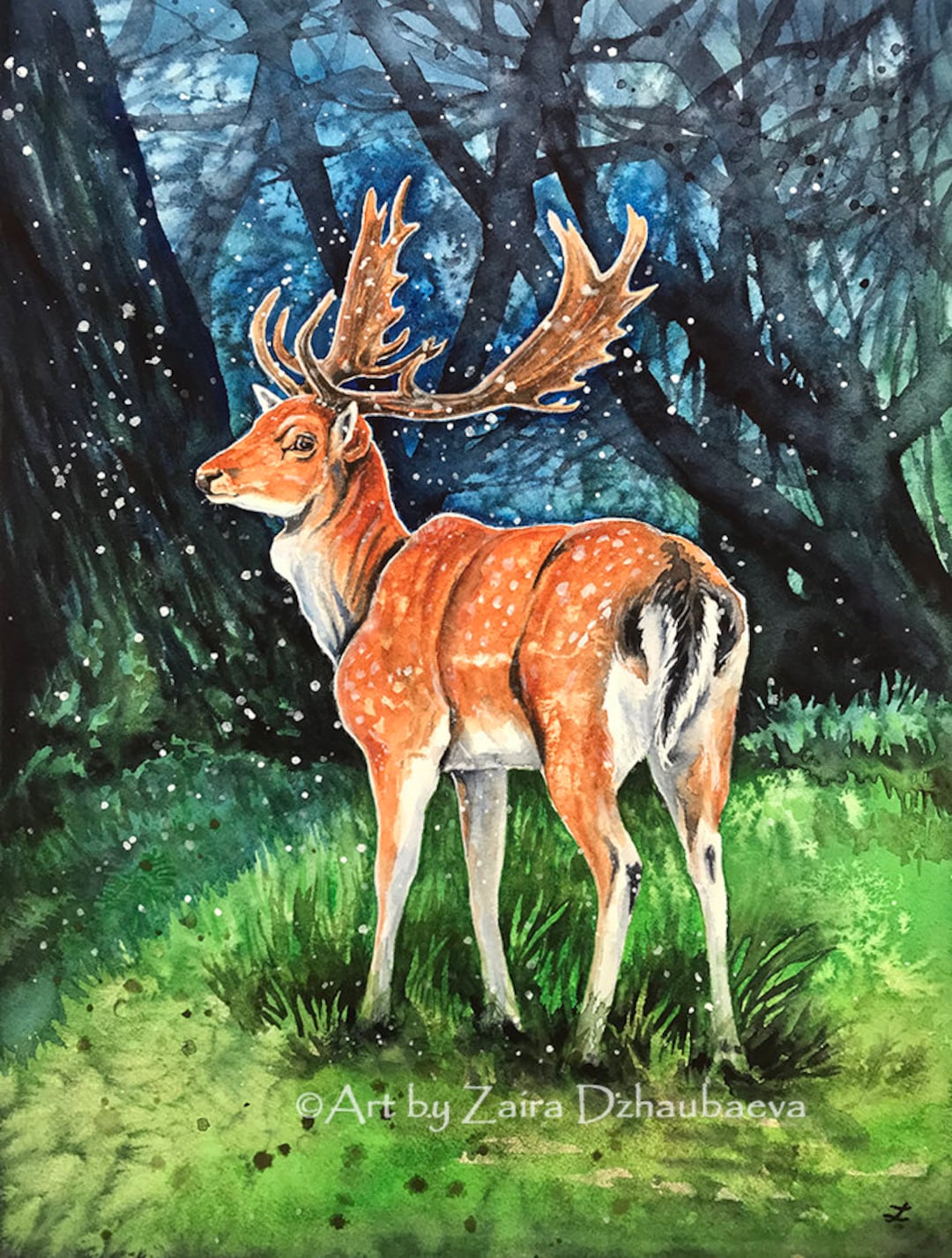 水彩画「鹿」 ダマジカの雄 オリジナル水彩画 鹿のアート 野生動物 森 鹿の雄 角 雄