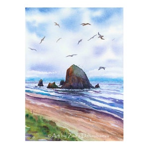 Haystack Rock Cannon Beach Oregon Coast Original Watercolor Painting Pacific Northwest Coastal Nature Beach Ocean Seascape Seagulls Sand