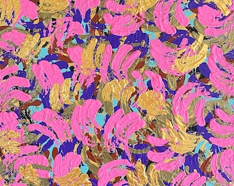 May include: Abstract painting with a vibrant mix of colors. The artwork features bold brushstrokes in pink, gold, purple, and teal, creating a textured and dynamic composition. The artist's signature is in the bottom right corner.