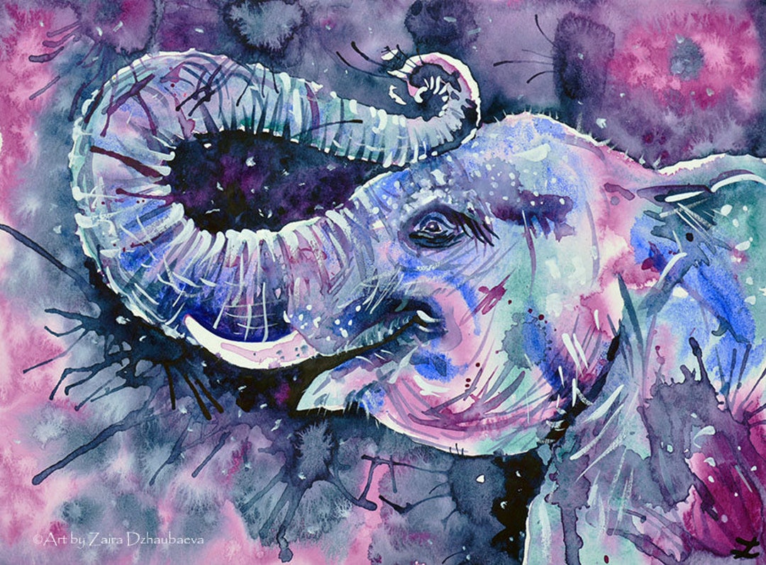 Elephant Original Watercolor Painting Colorful Elephant With
