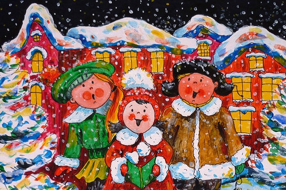 Kids Singing Christmas Carol Art Print Winter Town Children Silent