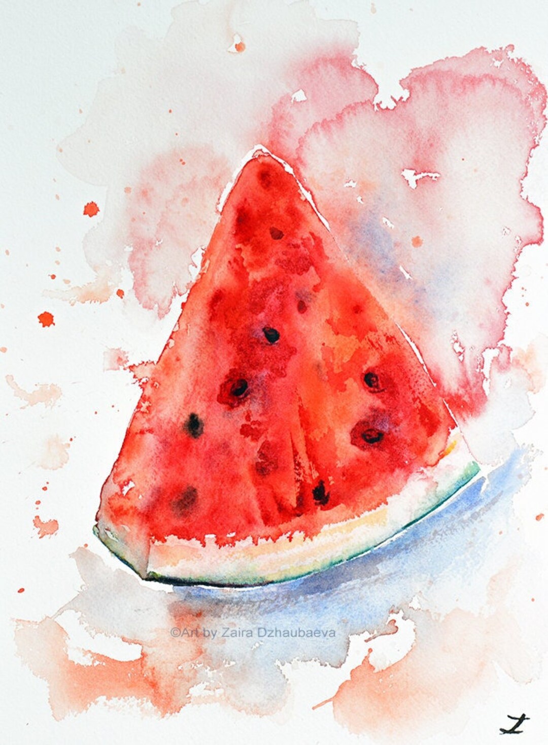 Watermelon Slice Original Watercolor Painting Art Watermelons Seeds Red