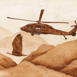 May include: A brown and black helicopter flies over a mountainous landscape. A brown eagle flies below the helicopter. The helicopter has a window showing people inside. The text "Art by Zaira Dzhaubaeva" is in the lower right corner of the image.
