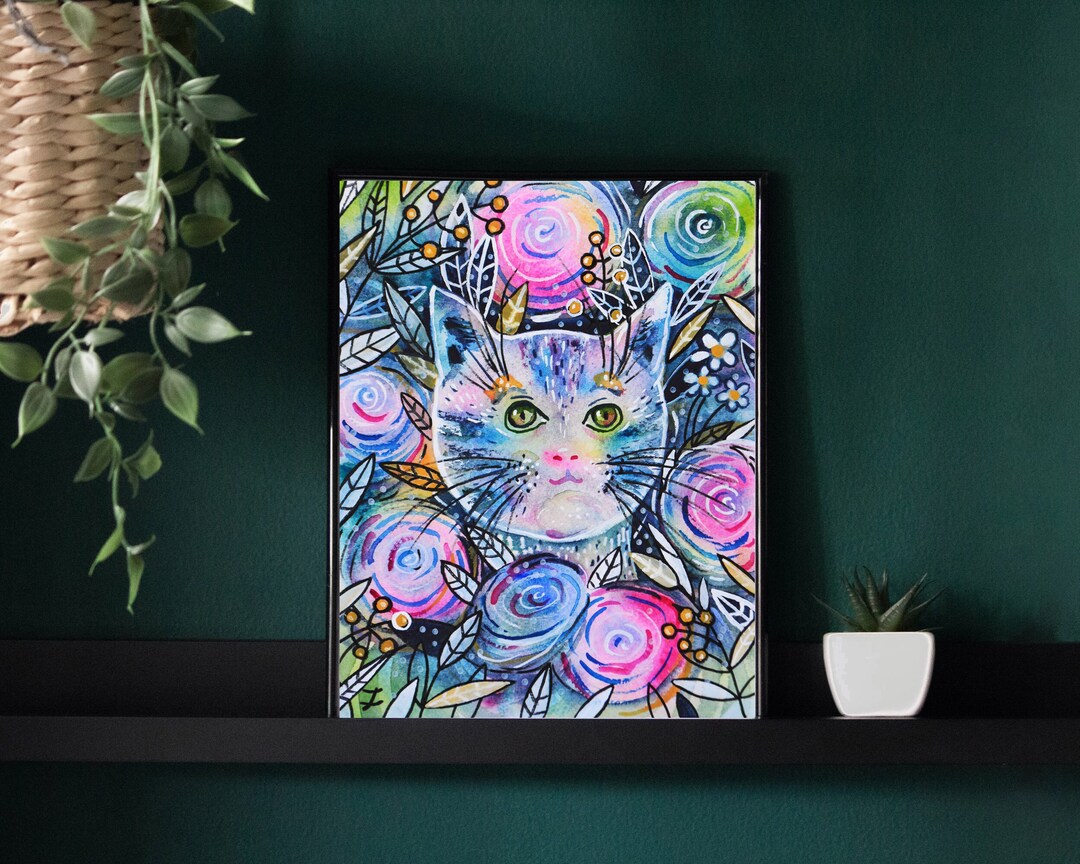 Floral Cat 8.5 X 11" Art Print Cute Whimsical Kitten in Anemone ...