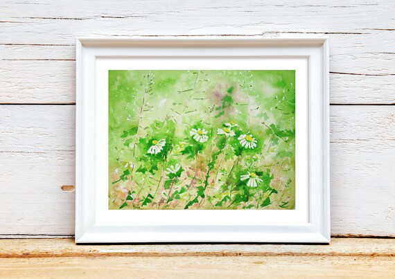 デイジー オリジナル水彩画 繊細なデイジーの花 野生の花 白 緑 水彩画