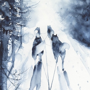 Sled Dogs 13x19&quot; Wall Art Print Watercolor Four Dog Class Alaska Arctic Nunavut Samoyed Alaskan Malamute Husky Dogs Greenland Sled-dog Decor