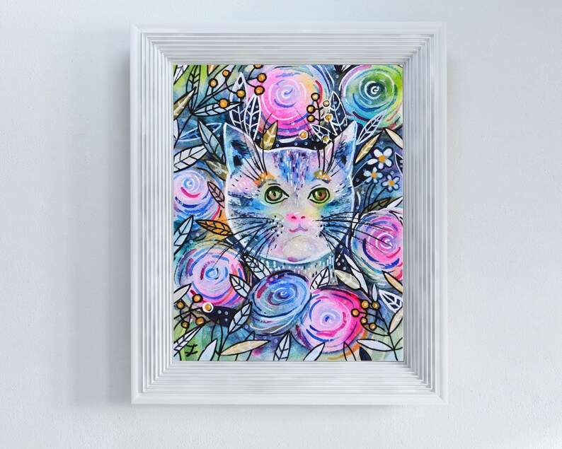 Floral Cat 8.5 X 11" Art Print Cute Whimsical Kitten in Anemone ...