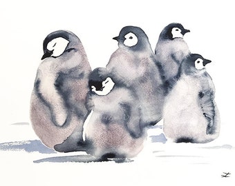 Baby Penguins Art Print Penguin Nursery Crèche Cute Kids Room Watercolor Painting Children Grey Baby Birds Snow Winter Bedroom Kindergarten